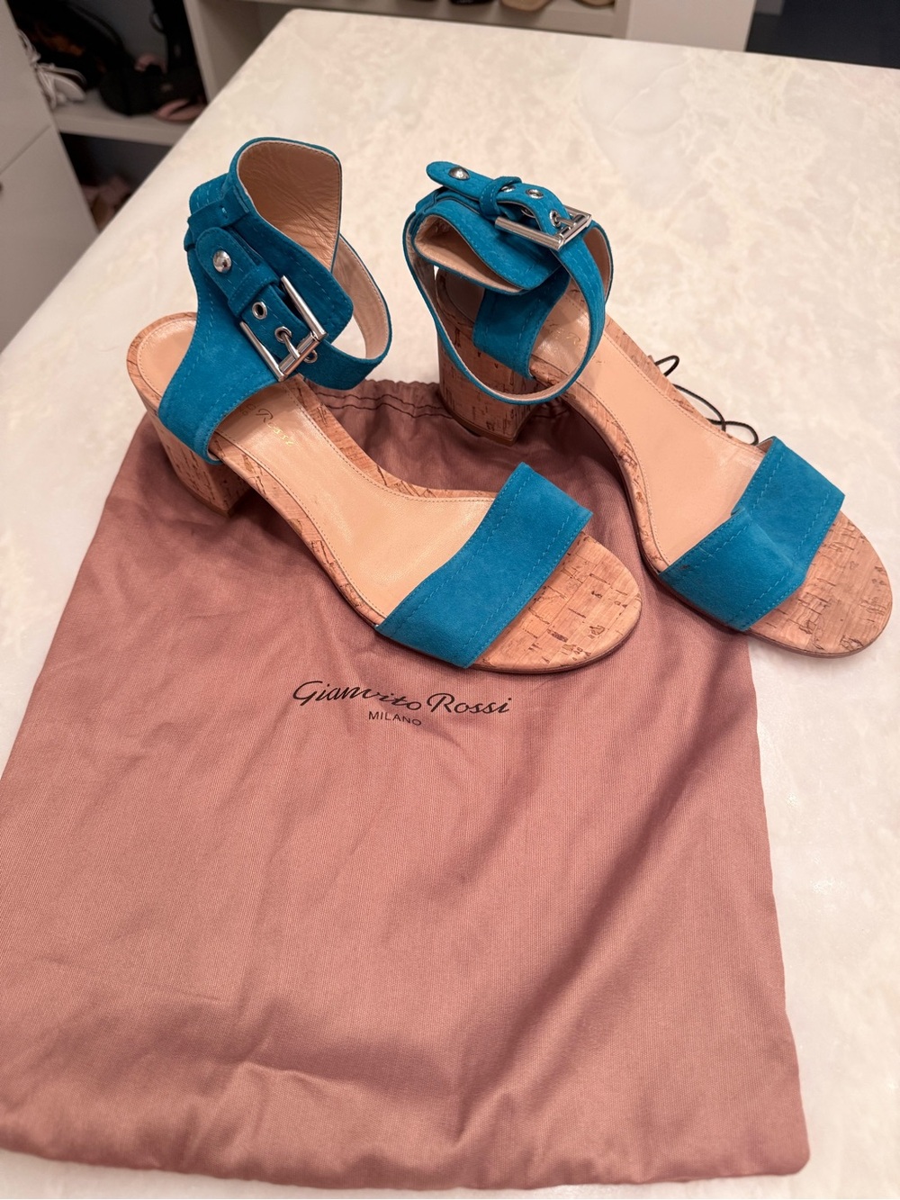 Gianvito Rossi Teal Suede Ankle-Strap Block Heel Sandals